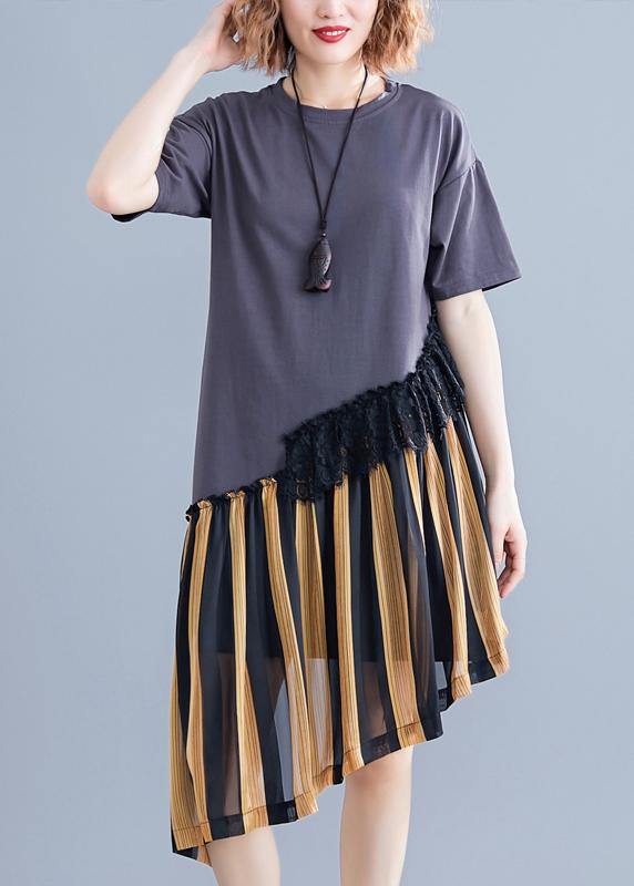 Women yellow striped Cotton o neck patchwork shift summer Dress - SooLinen