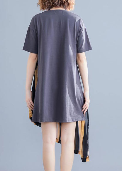 Women yellow striped Cotton o neck patchwork shift summer Dress - SooLinen