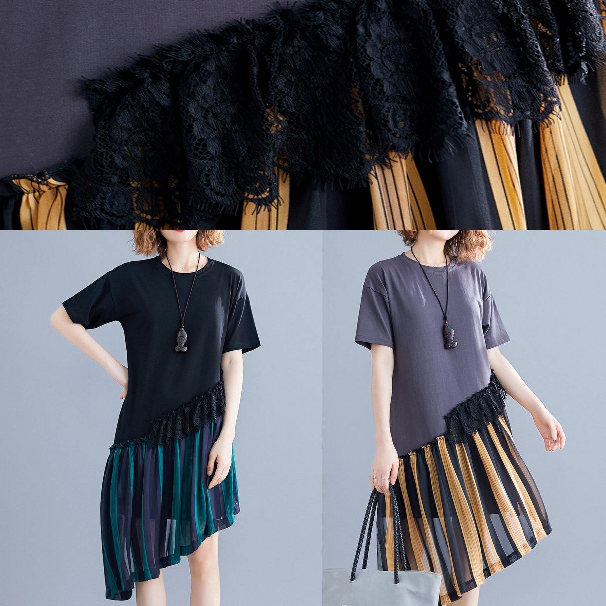 Women yellow striped Cotton o neck patchwork shift summer Dress - SooLinen