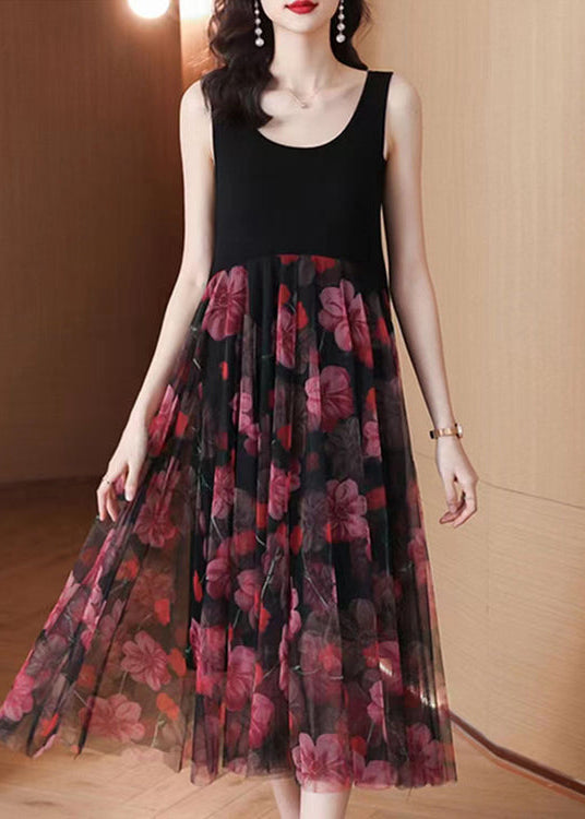 Women Black Print Patchwork Lace Summer Party Dress