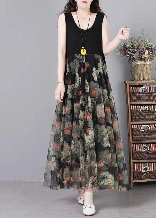 Women Black Print Patchwork Lace Summer Party Dress