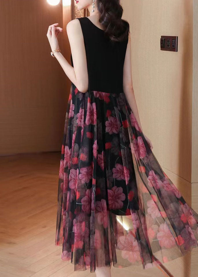 Women Black Print Patchwork Lace Summer Party Dress