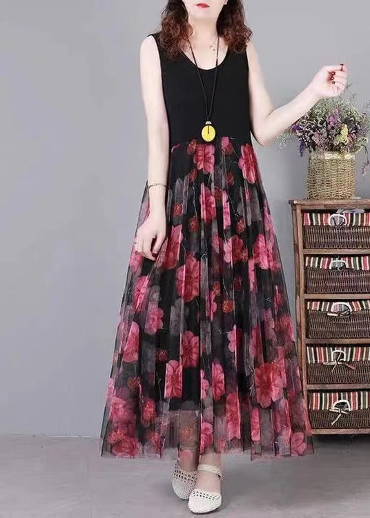 Women Black Print Patchwork Lace Summer Party Dress