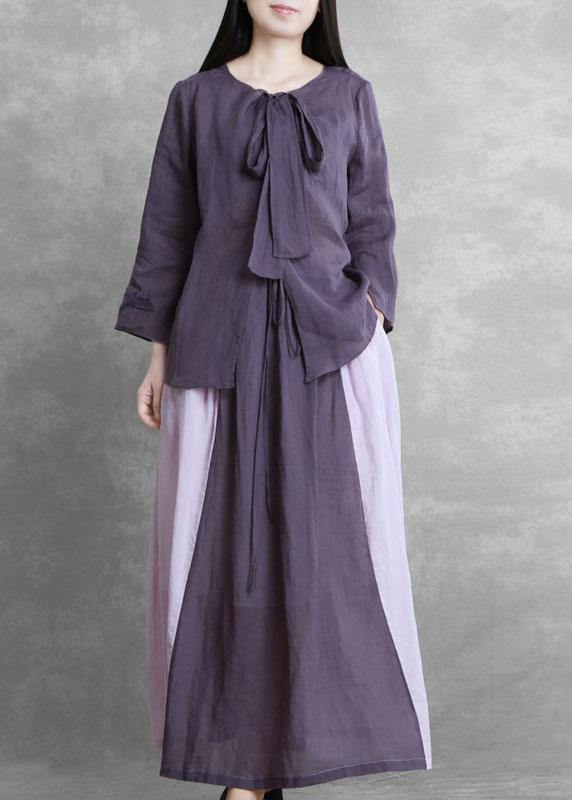 Women's Autumn Purple Suit Lace-up Three-quarter Sleeve Shirt Contrasting Color Sweater Skirt - SooLinen