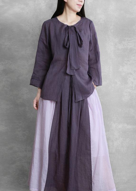 Women's Autumn Purple Suit Lace-up Three-quarter Sleeve Shirt Contrasting Color Sweater Skirt - SooLinen
