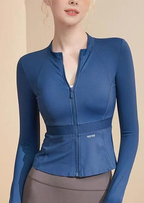Women's Blue Zipper Elastic Short Yoga Jacket Long Sleeved