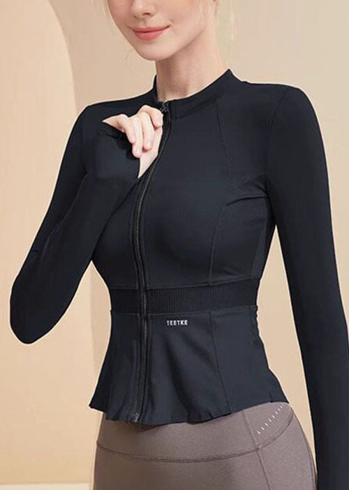 Women's Blue Zipper Elastic Short Yoga Jacket Long Sleeved