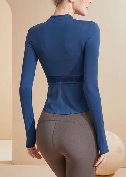 Women's Blue Zipper Elastic Short Yoga Jacket Long Sleeved