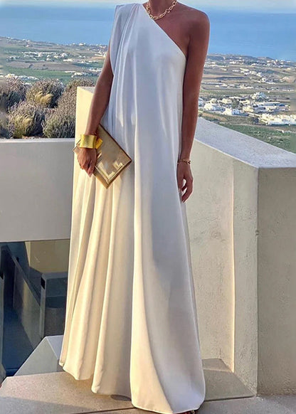 Women's White One Shoulder Solid Long Dress Summer