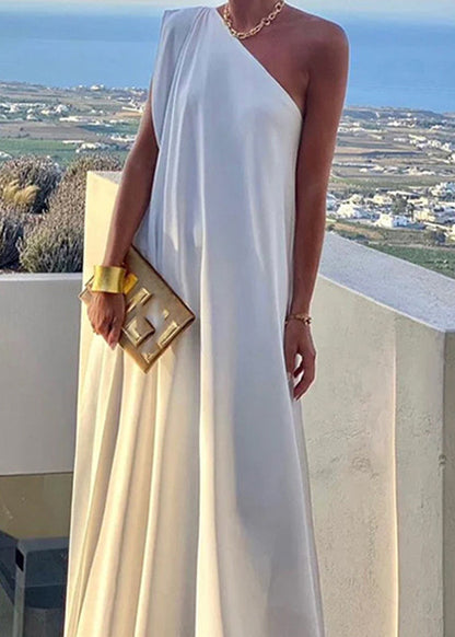 Women's White One Shoulder Solid Long Dress Summer