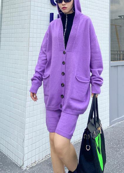 Women's autumn plus size fashion knitted cardigan shorts purple two-piece - SooLinen