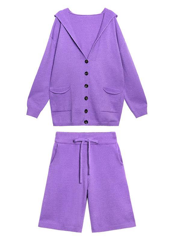 Women's autumn plus size fashion knitted cardigan shorts purple two-piece - SooLinen
