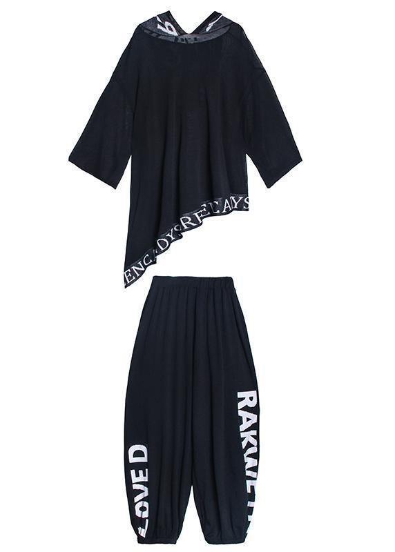 Women's plus size black letters are thin and fashionable early autumn knitted sweater bloomers two-piece suit - SooLinen