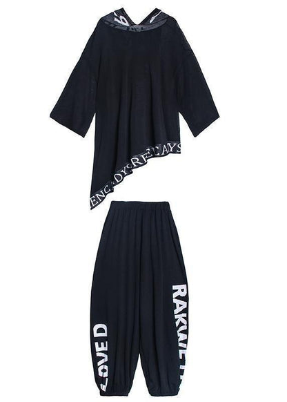 Women's plus size black letters are thin and fashionable early autumn knitted sweater bloomers two-piece suit - SooLinen