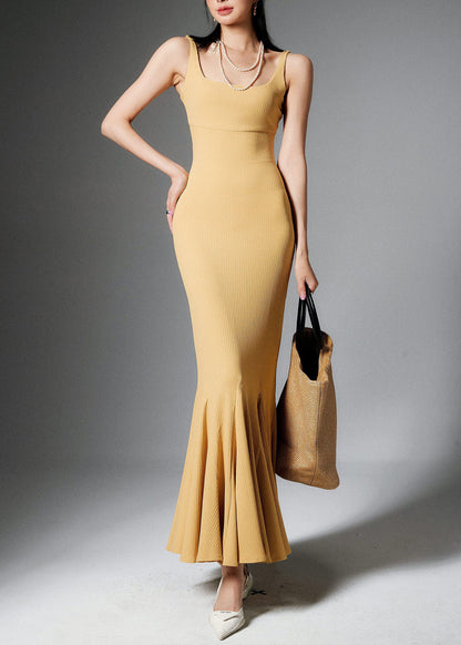 Yellow Backless Solid Cotton Spaghetti Strap Dress High Waist Sleeveless