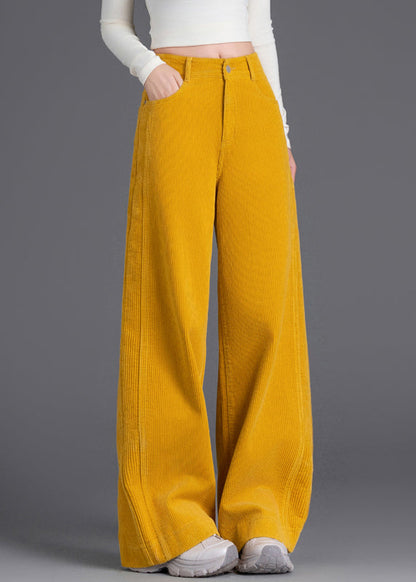 Yellow Button Pockets Corduroy Wide Leg Pants High Waist Spring