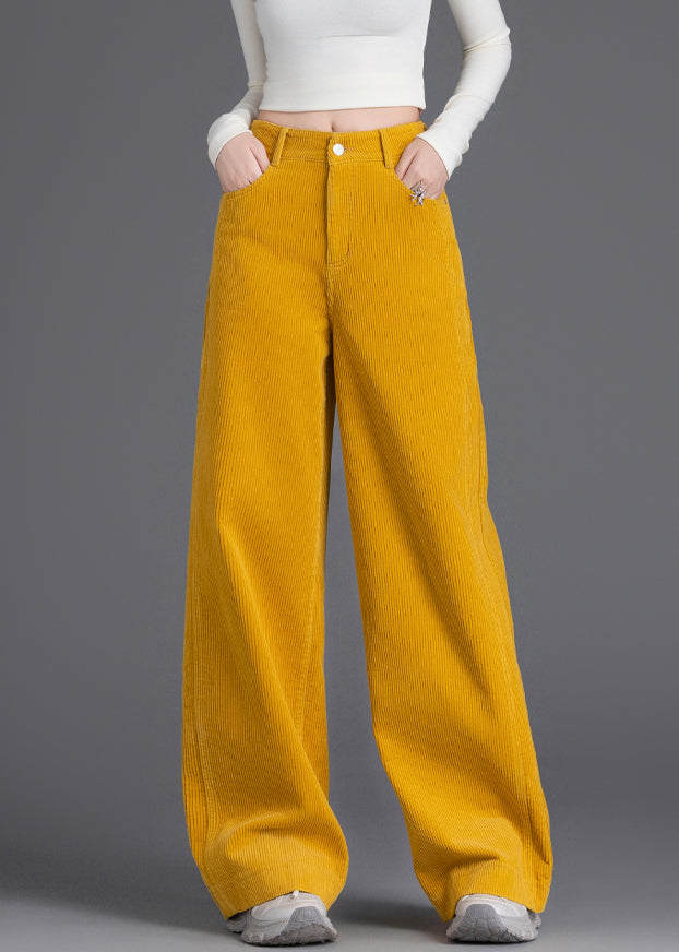 Yellow Button Pockets Corduroy Wide Leg Pants High Waist Spring