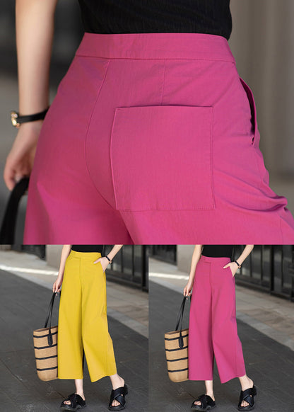 Yellow Button Pockets Solid Cotton Summer Crop Pants High Waist