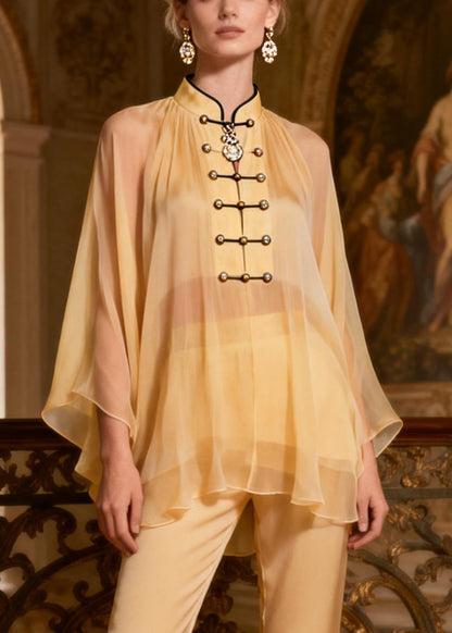 Yellow Button Shirts And Flare Bottoms Patchwork Chiffon Two Pieces Set Stand Collar Spring