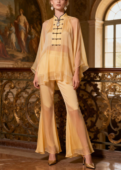 Yellow Button Shirts And Flare Bottoms Patchwork Chiffon Two Pieces Set Stand Collar Spring