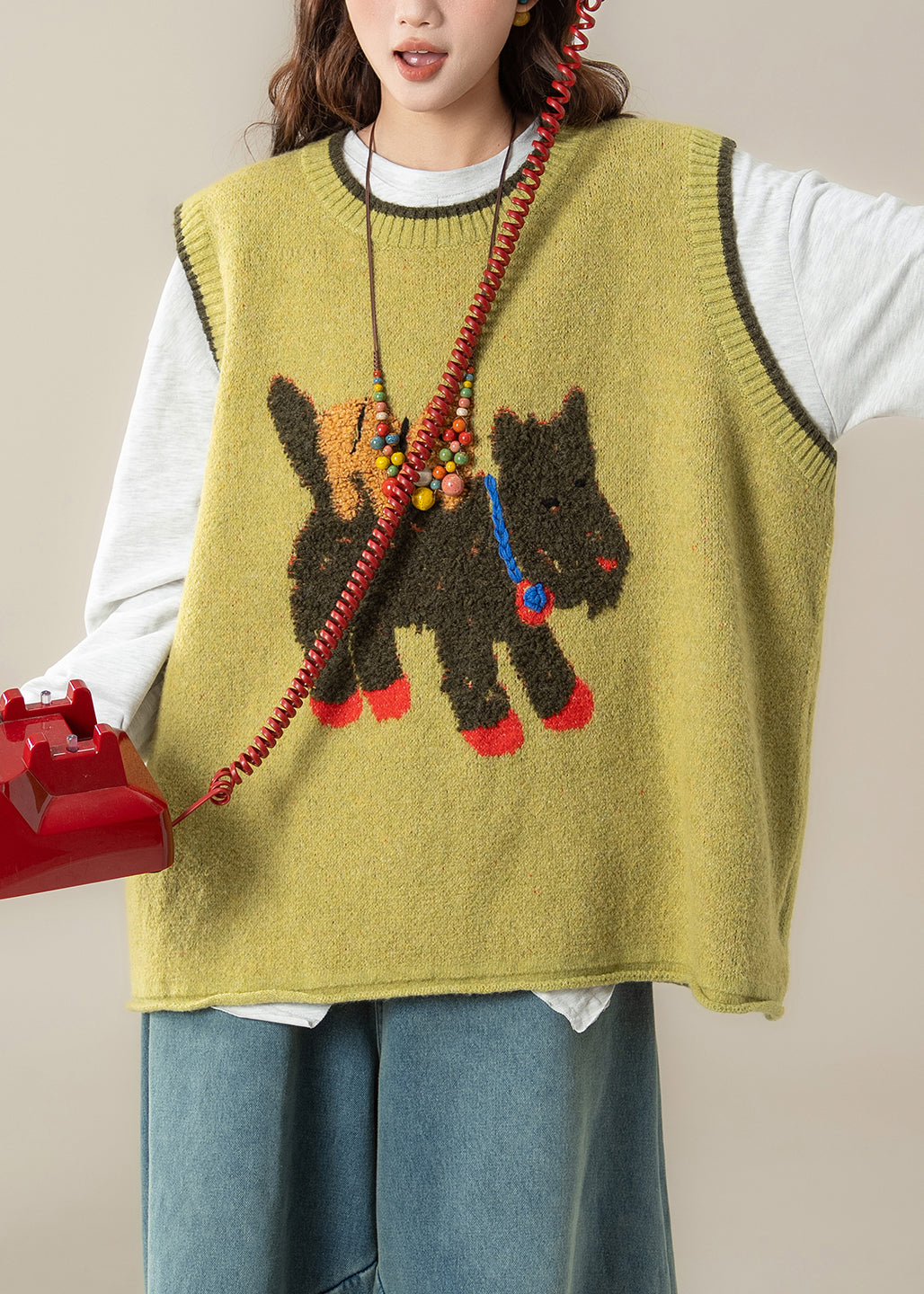 Yellow Cartoon Print Cozy Cotton Knit Waistcoat Sleeveless