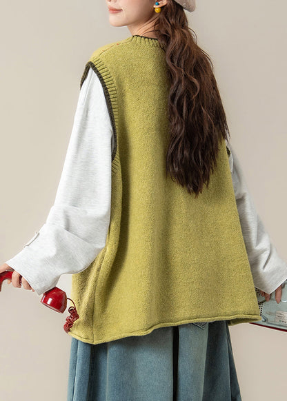Yellow Cartoon Print Cozy Cotton Knit Waistcoat Sleeveless