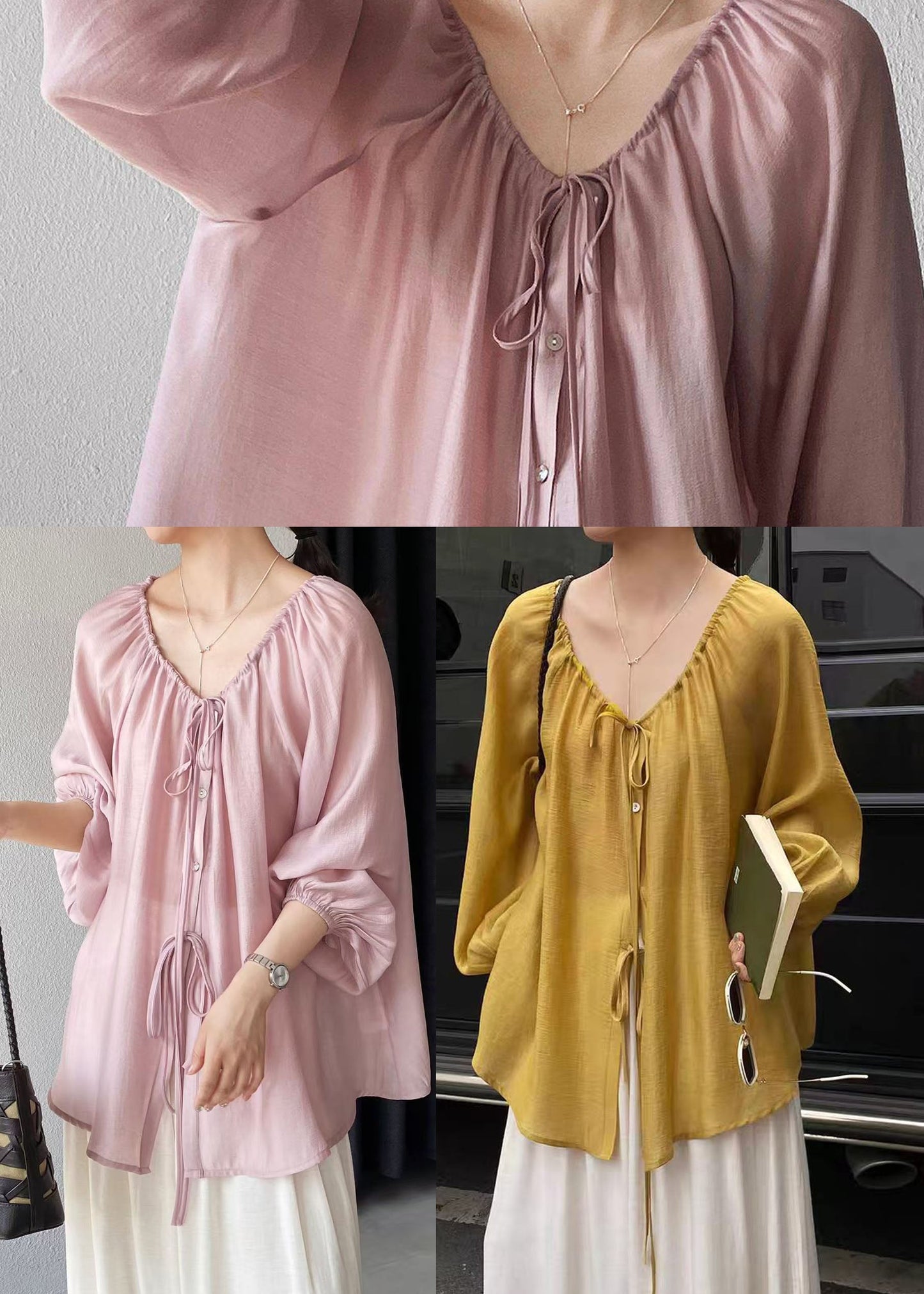 Yellow Cotton UPF 50+ Shirt Top Oversized Lace Up Summer