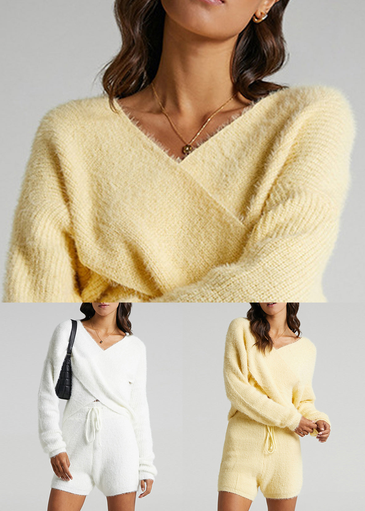 Yellow Crossover Design Elastic Waist Knit Two Pieces Set V Neck