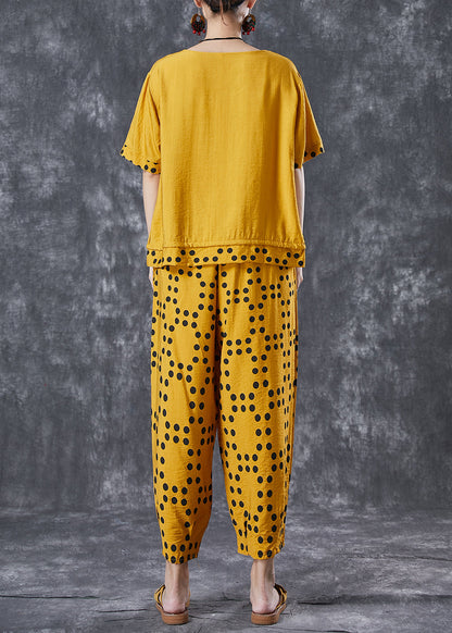 Yellow Dot Cotton Two Piece Suit Set Drawstring Pocket Summer