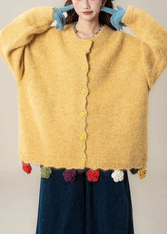 Yellow Floral Button Cozy Knit Coat O Neck Batwing Sleeve
