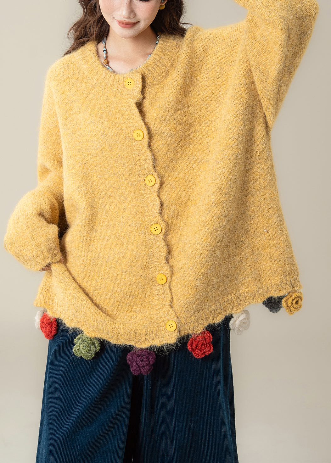 Yellow Floral Button Cozy Knit Coat O Neck Batwing Sleeve
