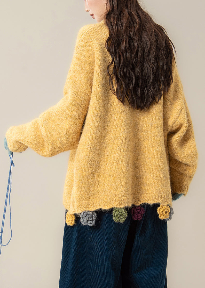 Yellow Floral Button Cozy Knit Coat O Neck Batwing Sleeve