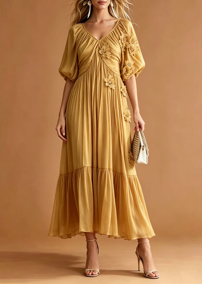 Yellow Floral Chiffon Holiday Dress Embroidered Wrinkled Summer