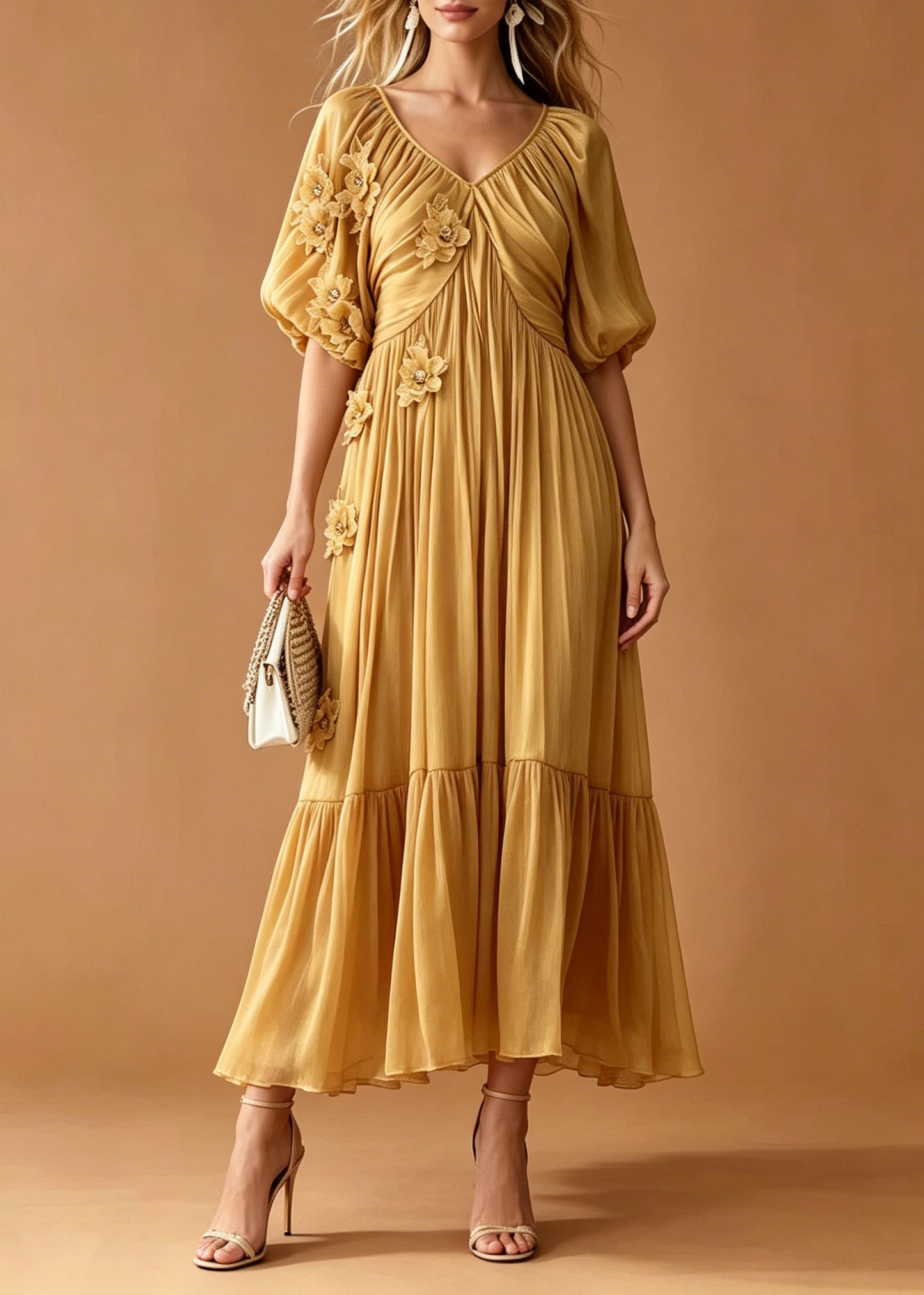 Yellow Floral Chiffon Holiday Dress Embroidered Wrinkled Summer