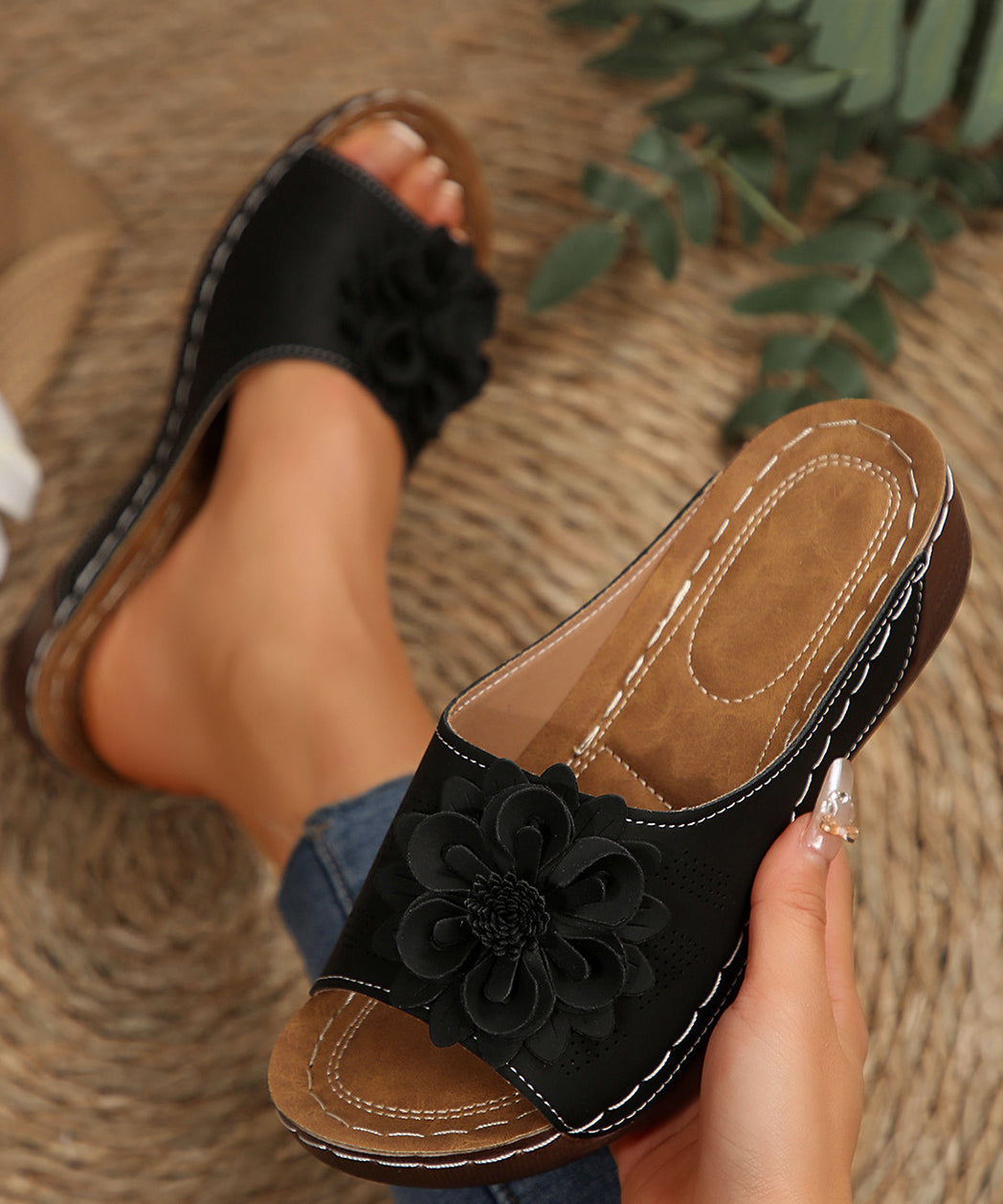 Yellow Floral Faux Leather Splicing Slide Sandals