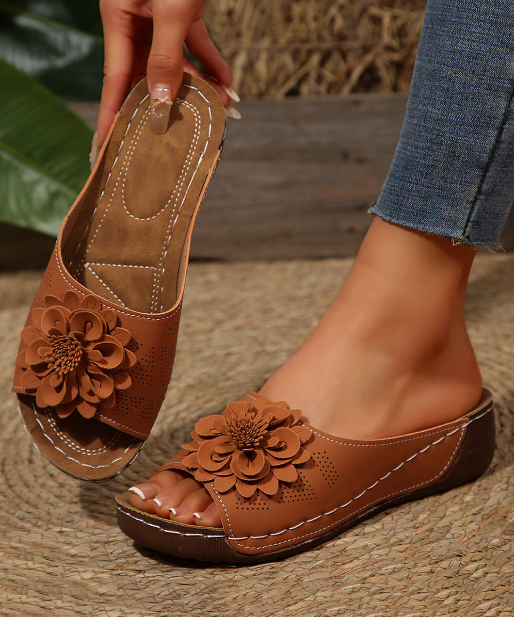 Yellow Floral Faux Leather Splicing Slide Sandals