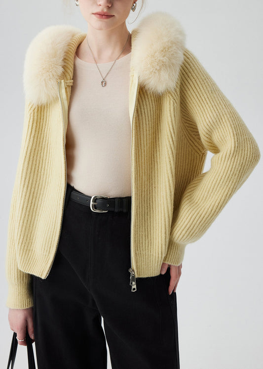 Yellow Fox Fur Knit Hooded Cardigan Zippered Winter
