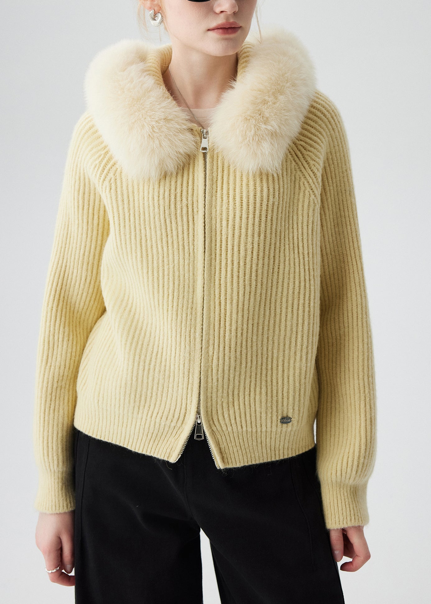 Yellow Fox Fur Knit Hooded Cardigan Zippered Winter