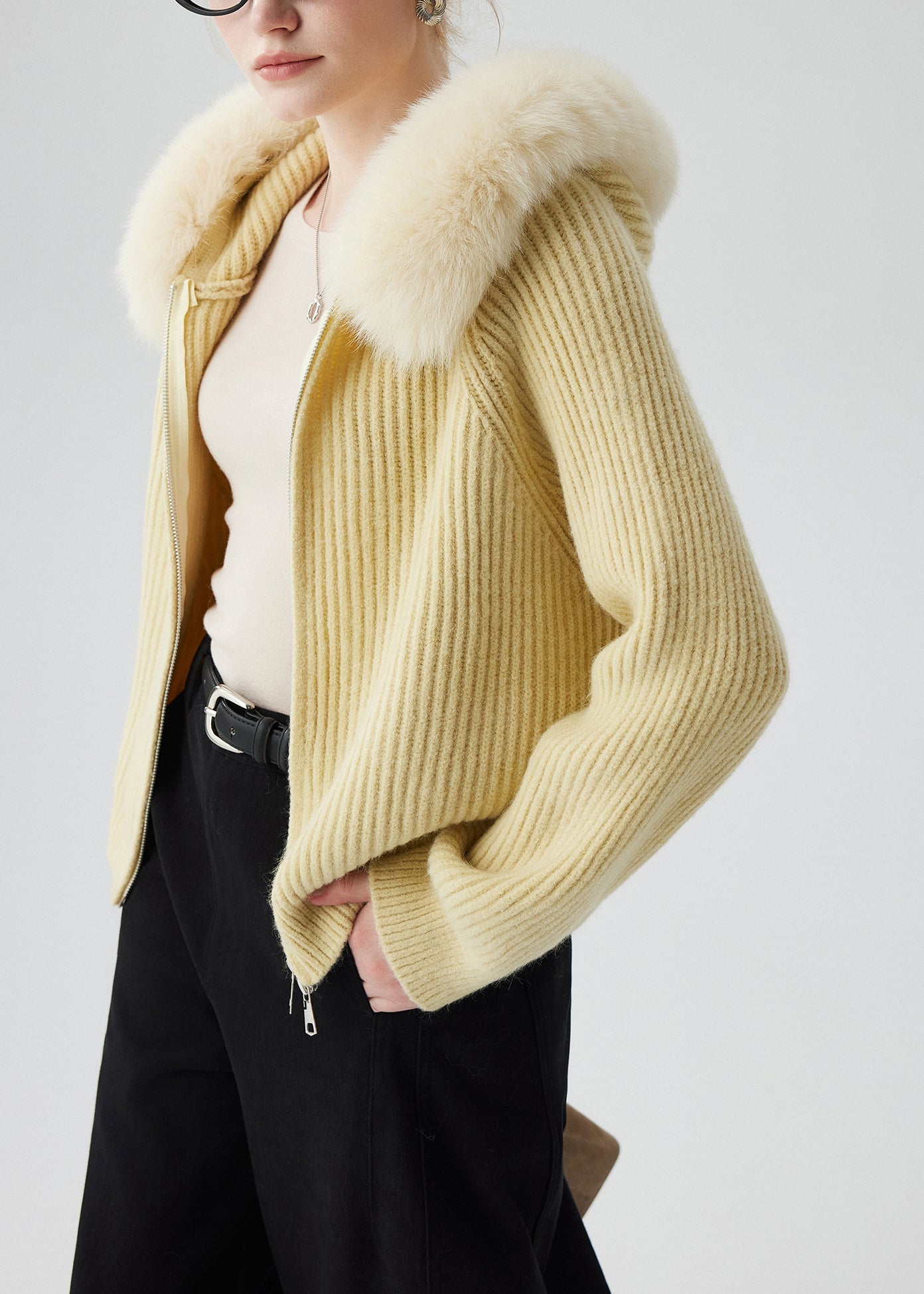 Yellow Fox Fur Knit Hooded Cardigan Zippered Winter