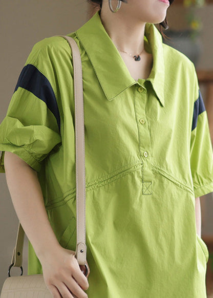 Yellow Green Peter Pan Collar Cotton Mid Dress Short Sleeve