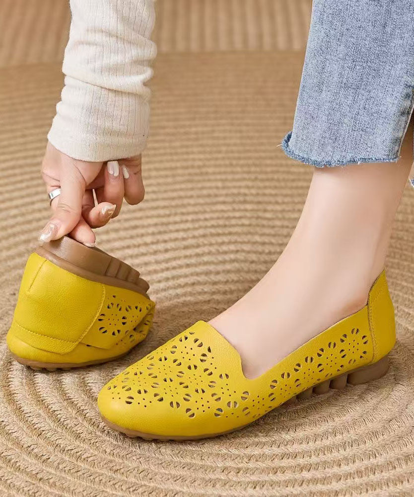 Yellow Hollow Out Cowhide Leather Splicing Penny Loafers