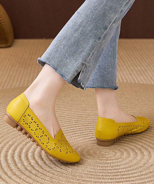 Yellow Hollow Out Cowhide Leather Splicing Penny Loafers