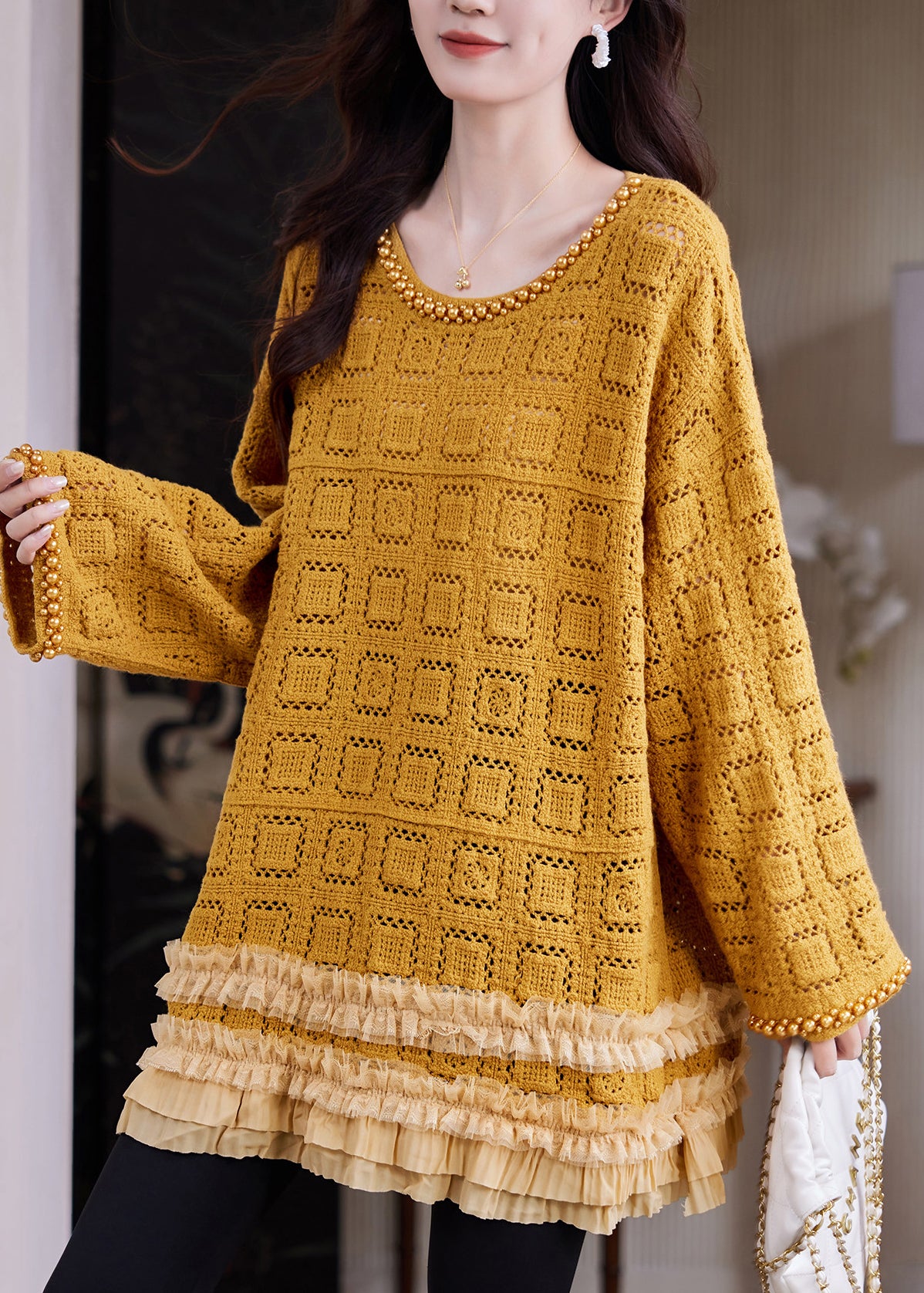 Yellow Hollow Out Knit Long Sweaters Ruffled Nail Bead Fall