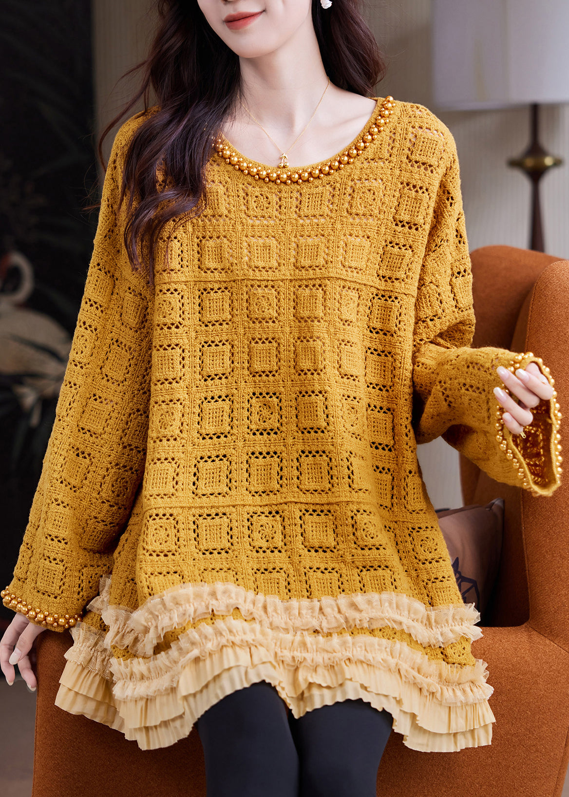 Yellow Hollow Out Knit Long Sweaters Ruffled Nail Bead Fall