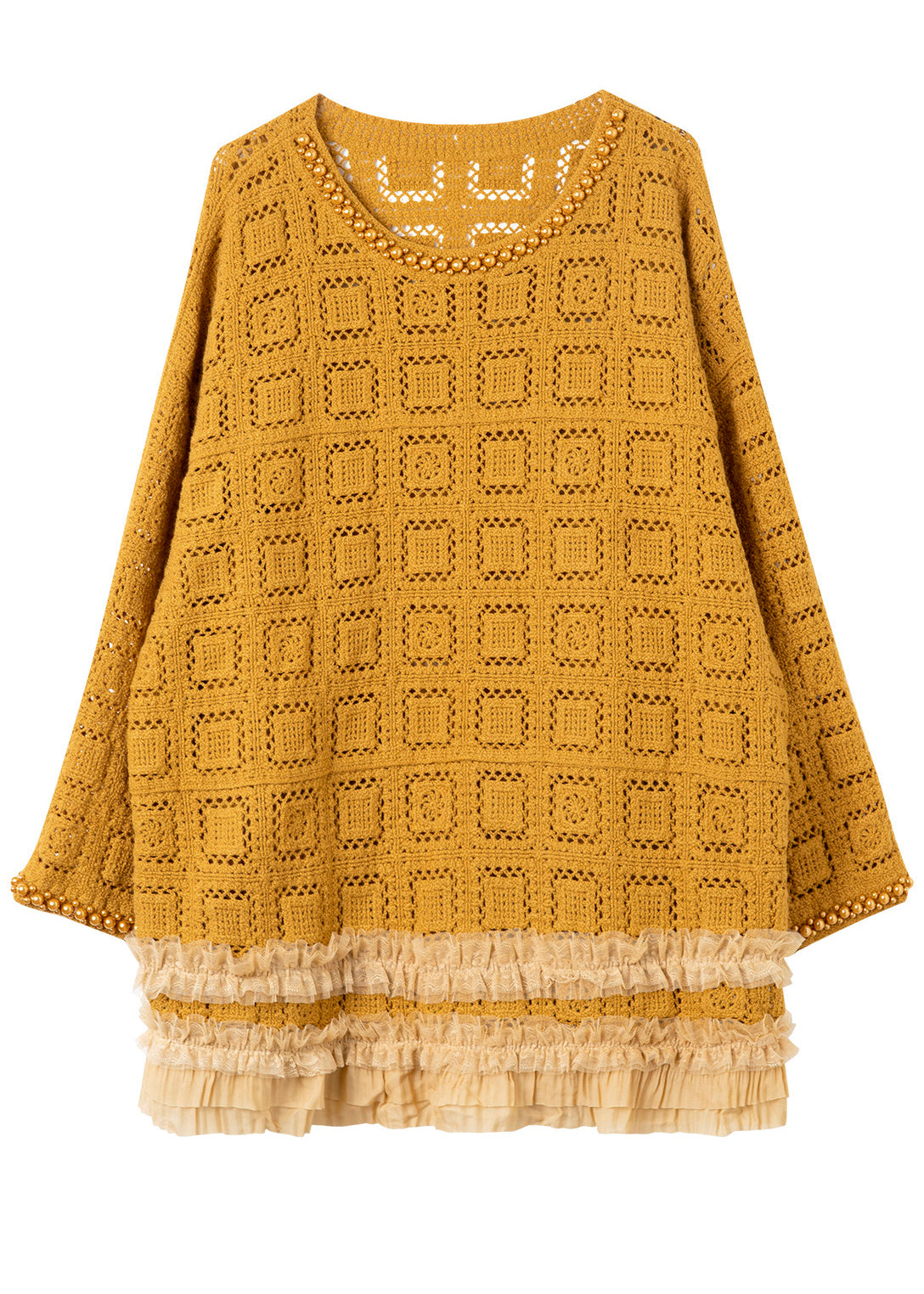 Yellow Hollow Out Knit Long Sweaters Ruffled Nail Bead Fall
