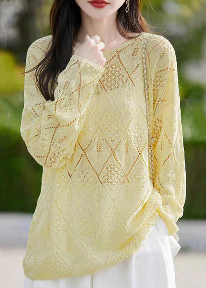 Yellow Hollow Out Solid Knit Sweater O Neck Long Sleeve
