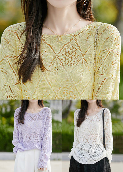 Yellow Hollow Out Solid Knit Sweater O Neck Long Sleeve