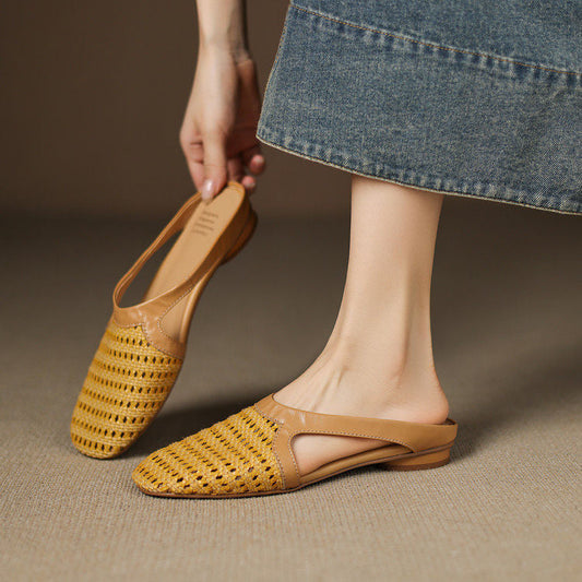 Yellow Hollow Out Splicing Fashion Faux Leather Slide Sandals