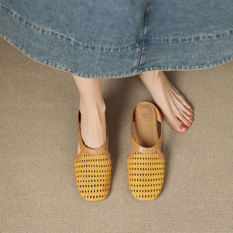 Yellow Hollow Out Splicing Fashion Faux Leather Slide Sandals