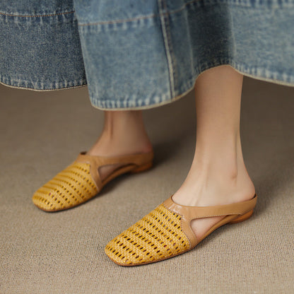 Yellow Hollow Out Splicing Fashion Faux Leather Slide Sandals
